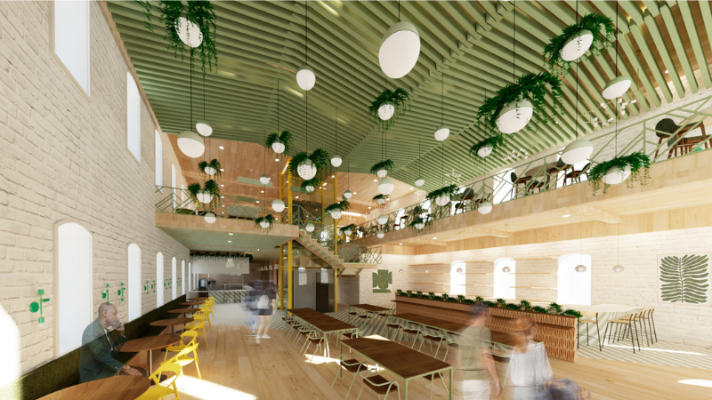 Rendering of an open eating area with an open second floor.