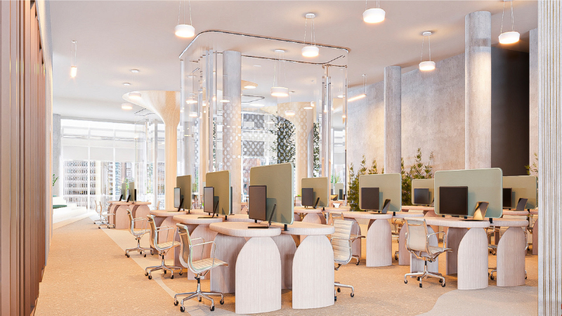 Rendering of shared open office space with three-by-three rows of desks.