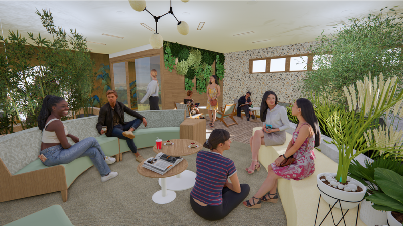 Rendering of a co-living lounge space.