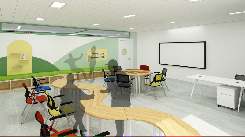 Rendering of an elementary school classroom with a curved, connected long table and chairs and one circular table and chairs.